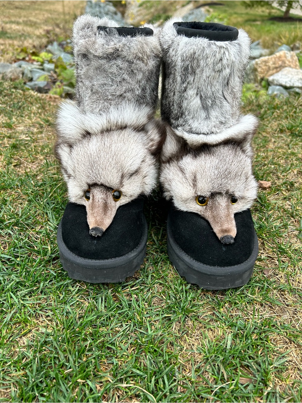 Rare Handmade Real Silver Fox Fur Boots – Sculpted Fox Heads – Collector’s Piece